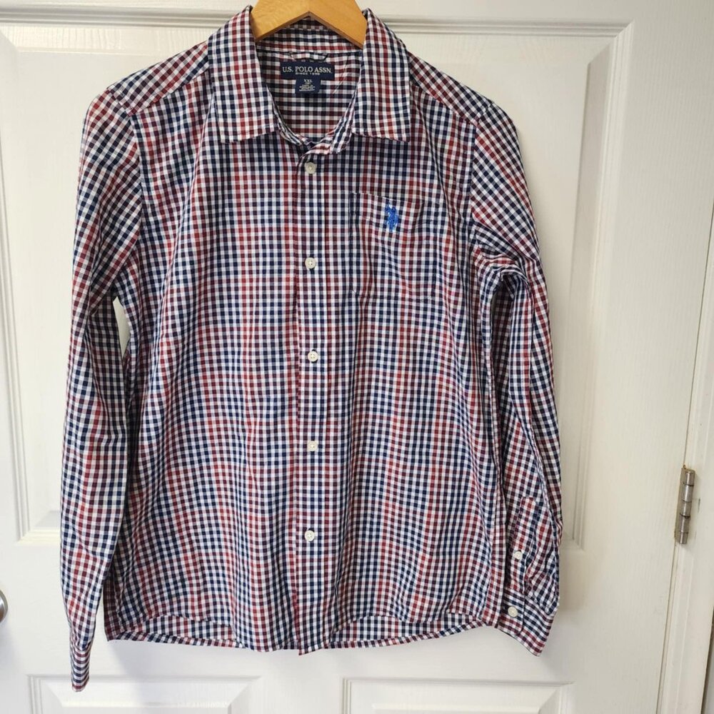 U.S. Polo Assn. boys long sleeve button down red blue white plaid size 18/20 XL
